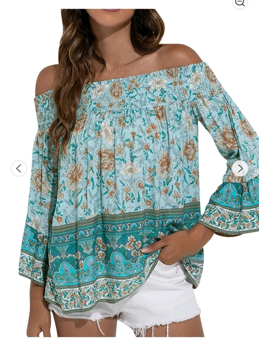 Floral Smocked Off-Shoulder Top - Teal Blue
